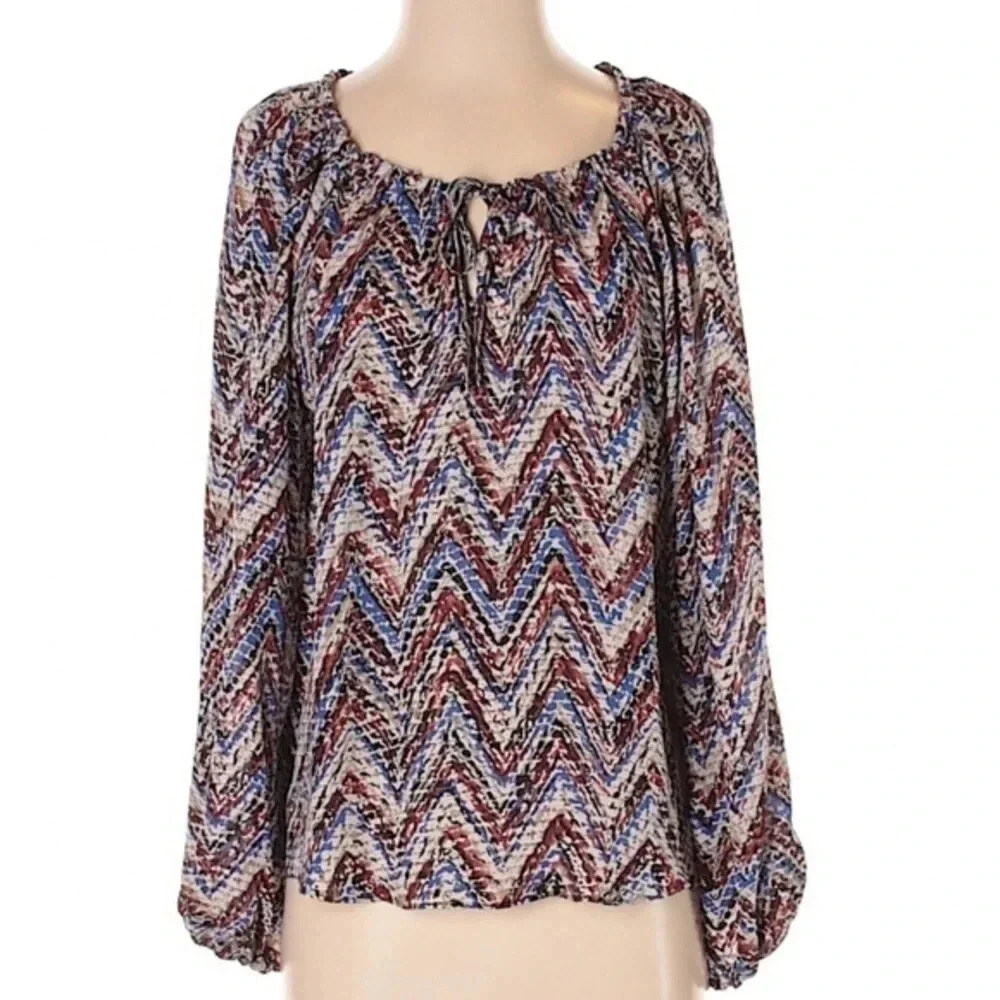 Parker Blue Brown & Tan Chevron 100% Silk Long Sleeve Peasant Blouse Size Small